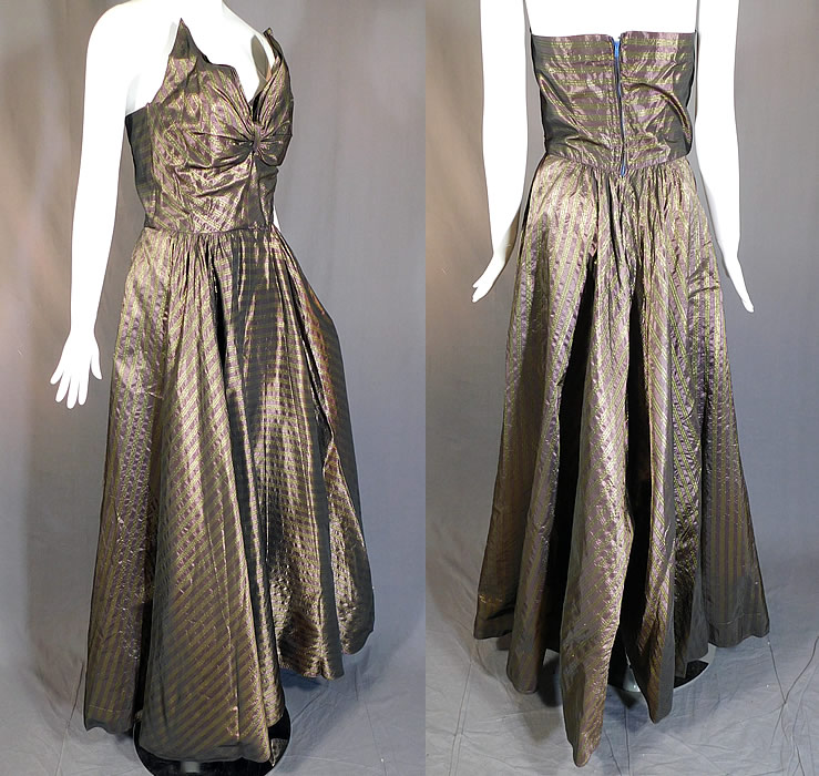 Vintage Diminutives Designed By Martini Taffeta Striped Strapless Gown Formal Dress
The dress measures 51 inches long, with a 34 inch bust, 26 inch waist and 80 inch hips. It is in excellent condition. This is truly a wonderful piece of wearable art! 