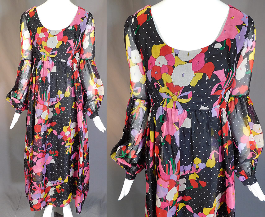 Vintage Mollie Parnis Boutique Floral Polka Dot Print Poet Sleeve Boho Maxi Dress
This vintage Mollie Parnis Boutique NY floral polka dot print poet sleeve boho maxi dress dates from the 1970s. It is made of a black and white polka dot sheer silk organdy fabric overlay with a colorful floral bouquet bow trim print design.