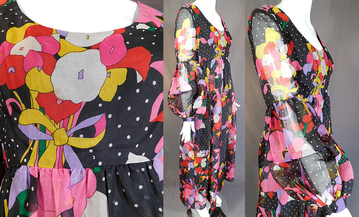 Vintage Mollie Parnis Boutique Floral Polka Dot Print Poet Sleeve Boho Maxi Dress
This beautiful boho maxi dress is a long floor length, with an empire high waist, long flowing full skirt, low rounded scoop front neckline, long billowing poet sleeves with fitted snap closure cuffs, back zipper closure and is fully lined.