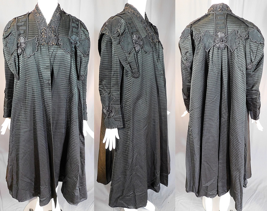 Edwardian Black Silk Soutache Braided Rope Passementerie Trim Long Evening Coat
This wonderful winter long evening coat jacket has a loose fitting swing style, with decorative layered trim over the shoulders, with long full sleeves, braided trim around the collar neckline, hook closures at the neck and is fully lined in a black silk fabric inside. The coat measures 47 inches long, with a 40 inch bust, 50 inch waist, 50 inch hips, 23 inch long sleeves and a 13 inch back. 