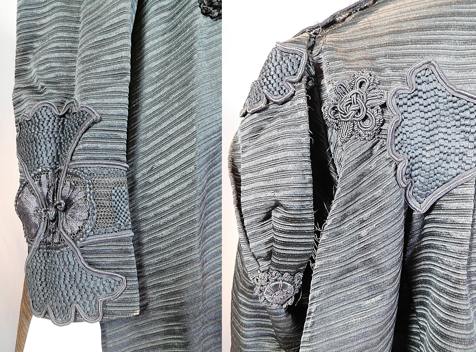 Edwardian Black Silk Soutache Braided Rope Passementerie Trim Long Evening Coat
It is in good as-is condition, needing some minor restoration with some frayed splits on silk lining which needs to be removed, replaced, some frayed open seams stitching attaching the shoulder trim, top collar (see close-up).