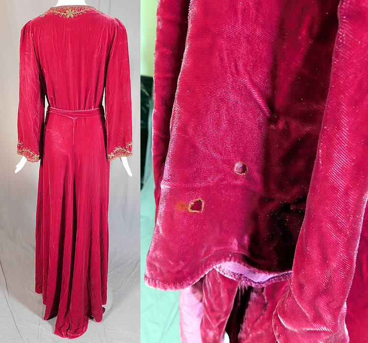 Vintage Bonwit Teller NY Burgundy Red Velvet Gold Soutache Trim Gown Dress
It is in good as-is condition, with some fraying small holes along the back bottom hem, two cigarette burn holes on the back skirt and some small faint staining discoloration on the side front top (see close-ups).