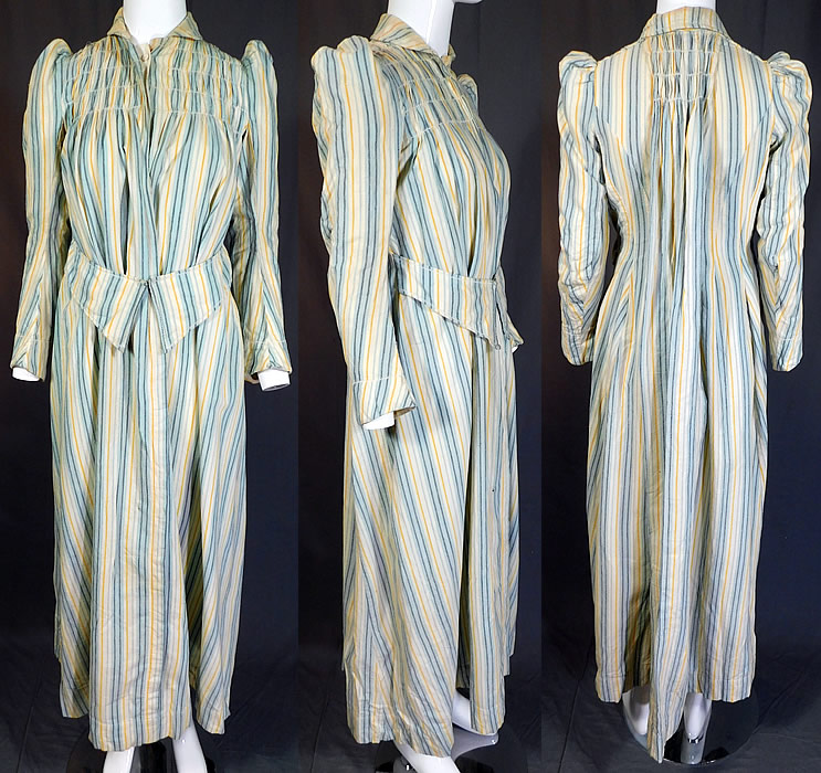 Victorian Striped Print Flannel Wool Watteau Wrapper Workwear Morning Dress
This antique Victorian era striped print flannel wool watteau wrapper workwear morning dress dates from 1900. It is made of a blue, yellow and white striped print pattern soft brushed nap wool flannel fabric.