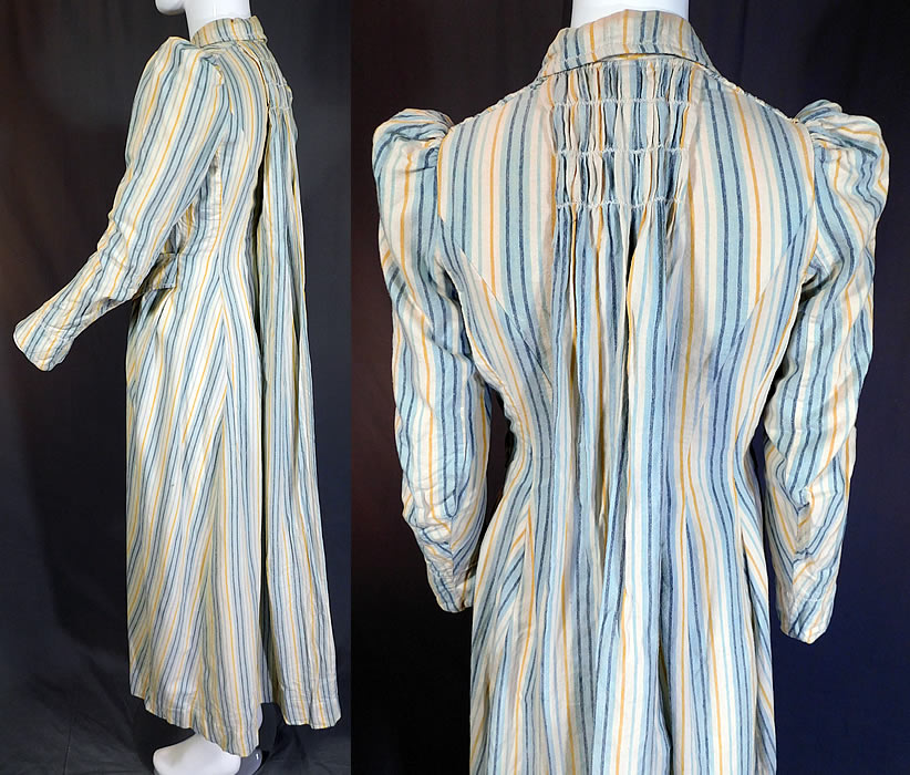 Victorian Striped Print Flannel Wool Watteau Wrapper Workwear Morning Dress
This womens work wear wrapper morning dress is a long floor length, with a watteau back drape, smocking details on the front and back top, small fold over collar, gathered puff shoulders, long tapered sleeves, fully lined, with an attached belted front and button closures on the front modesty panel insert camisole top lining the inside bodice. 