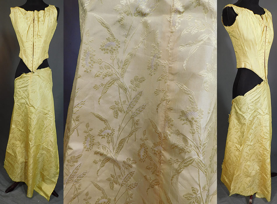 Victorian Yellow Silk Damask Floral Wheat Brocade Ball Gown Corset Bodice & Fabric
This antique Victorian era yellow silk damask floral wheat brocade ball gown corset bodice and fabric dates from the 1860s. It is made of a pale pastel golden yellow color silk brocade damask weave fabric with a woven wheat ear stalk floral pattern design.