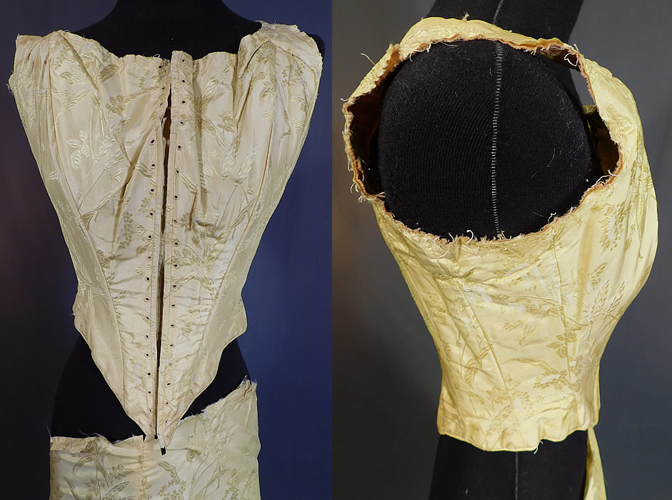 Victorian Yellow Silk Damask Floral Wheat Brocade Ball Gown Corset Bodice & Fabric
This beautiful ball gown bodice has a corseted style with eyelet lacing down the front, coming to a point at the bottom, sleeveless and is fully lined in a brown silk floral damask fabric with stays boning sewn inside.