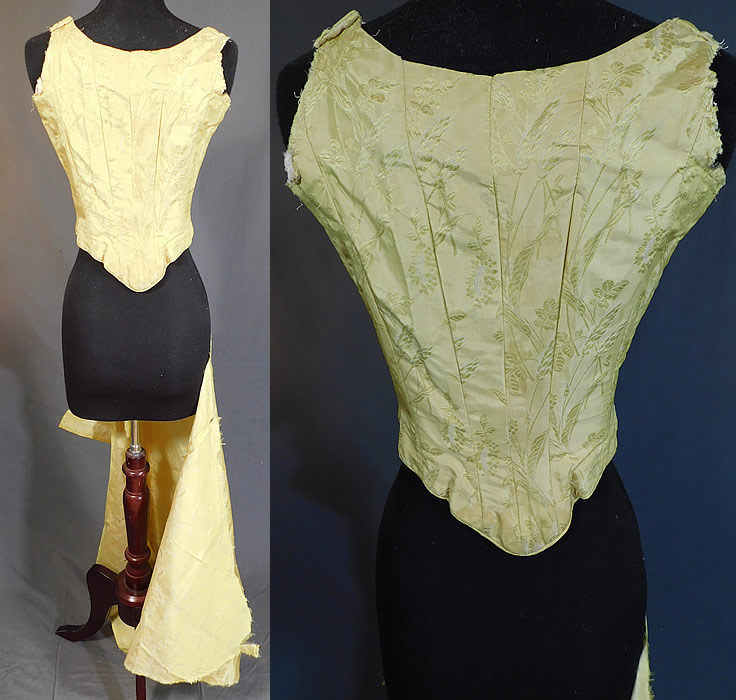 Victorian Yellow Silk Damask Floral Wheat Brocade Ball Gown Corset Bodice & Fabric
The bodice measures 18 inches long, with a 32 inch bust and 22 inch waist. Included is matching fabric fragment remnant taken from the skirt. The cut fabric piece measures 36 inches long and is 28 inches wide.