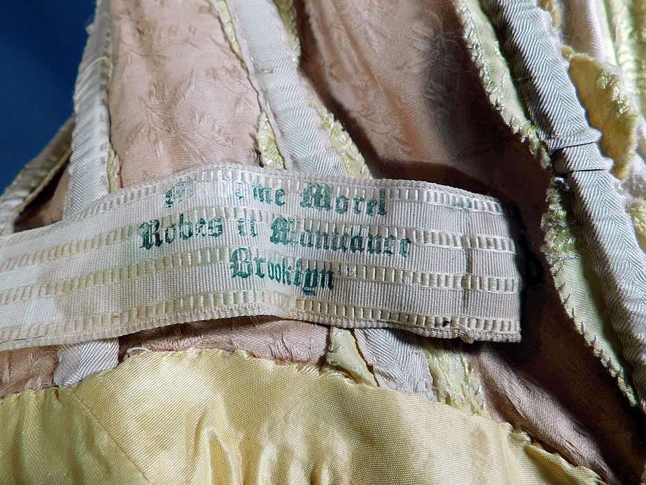 Victorian Yellow Silk Damask Floral Wheat Brocade Ball Gown Corset Bodice & Fabric
There is an inner waistband with "Madame Morel Robes et Manteaux Brooklyn" label inside.