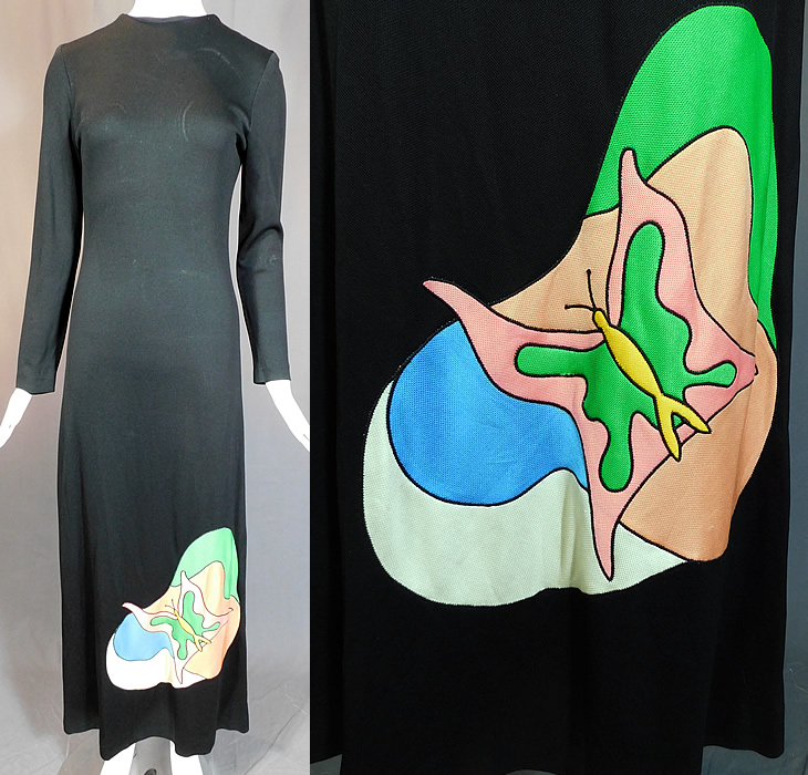 Vintage Mr. Boots Limited Editions Black Knit Neon Butterfly Mod Maxi Dress
This vintage Mr. Boots Limited Editions black knit neon butterfly mod maxi dress dates from the 1970s. It is made of a black polyester stretch knit fabric, with a bright neon colorful butterfly quilted applique on the bottom front skirt.