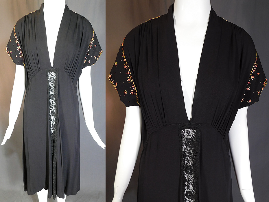 Vintage Black Silk Charmeuse Gold Studded Coral Rhinestone Beaded Cocktail Dress
This vintage black silk charmeuse gold studded coral rhinestone beaded cocktail dress dates from the 1940s. It is made of a black silk charmeuse fabric with a crepe dull finish outside and satin smooth finish inside. 