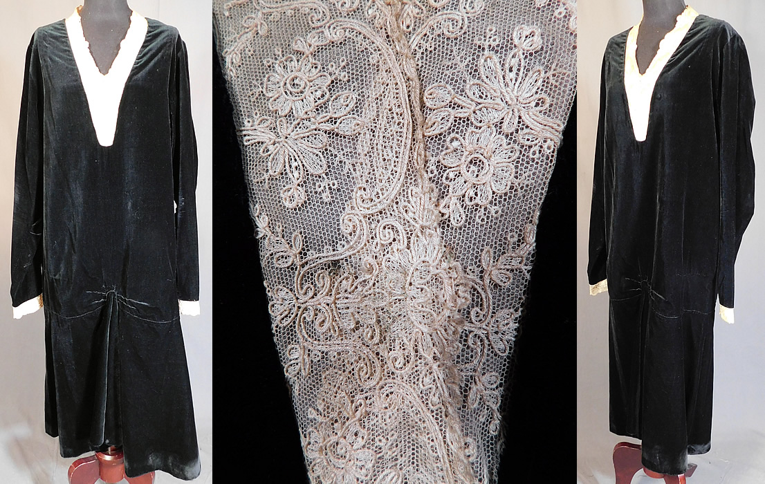 Vintage Black Velvet Cream Tambour Embroidery Lace Collar Cuffs Drop Waist Dress
This vintage black velvet cream tambour embroidery lace collar cuffs drop waist dress dates from the 1920s. It is made of a black velvet fabric, with an off white cream color tambour embroidery net lace trim yoke collar and cuffs. This Art Deco winter dress has a loose fitting drop waist style, with gathering on the front skirt, a V front neckline, long sleeves and is unlined.