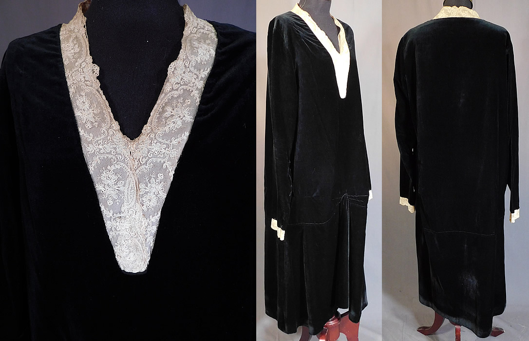 Vintage Black Velvet Cream Tambour Embroidery Lace Collar Cuffs Drop Waist Dress
The dress is a large size measuring 48 inches long, with a 42 inch bust, 42 inch waist, 42 inch hips, 24 inch long sleeves and a 15 inch back. It is in good condition, with only some slight fraying on the back lace trim neck. This is truly a wonderful piece of wearable velvet and lace textile art! 