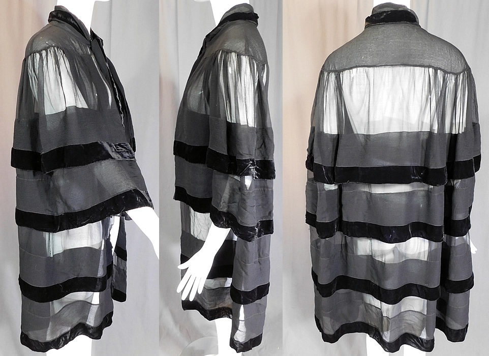 Vintage Art Deco Black Silk Chiffon Velvet Trim Flapper Evening Cloak Cape
The cape measures 39 inches long and 18 inches across the back shoulders. It is in good condition, with only a tiny pin hole on the shoulder. This is truly a wonderful piece of Art Deco wearable art! 