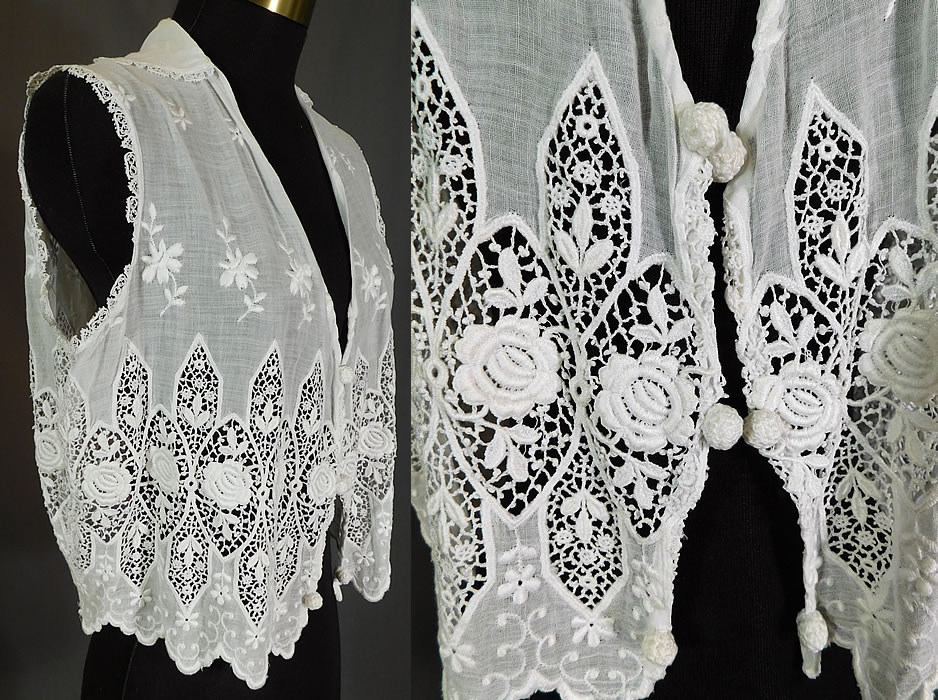 Edwardian Embroidered White Cotton Batiste Lace Sleeveless Vest Jacket Blouse Top
This antique Edwardian era embroidered white cotton batiste lace sleeveless vest jacket blouse top dates from 1910. It is made of a white cotton batiste fabric with raised padded satin stitch embroidered flowers and floral rose pattern lace inserts.