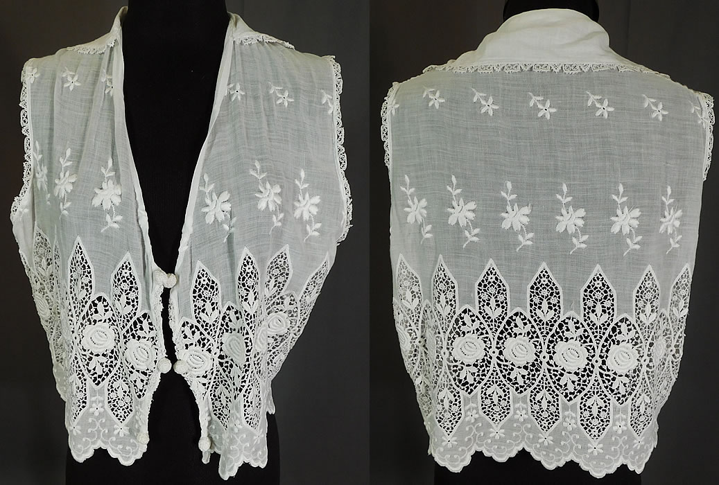 Edwardian Embroidered White Cotton Batiste Lace Sleeveless Vest Jacket Blouse Top
This lovely lace sleeveless vest style short jacket blouse top has an open front with no closure, decorative crochet button trim, a fold over collar and is sheer, unlined.