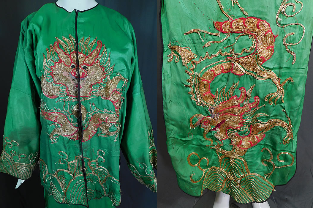 Antique Chinese Dragon Gold Couching Embroidery Opera Robe & Skirt Costume
This two piece theatrical opera costume includes a surcoat style open front robe jacket with newly added velcro closures, long full sleeves and is fully lined in linen. The robe measure 30 inches long, with a 44 inch chest, 44 inch waist and 21 inches long sleeves.