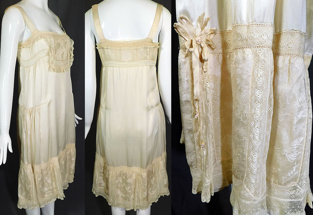 Vintage Cream Silk Damask Butterfly Rosette Lace Lingerie Negligee Chemise Slip Dress
This lovely lingerie chemise negligee nightgown style slip dress is loose fitting, has silk ribbon shoulder straps, a drawstring adjustable neckline, side smocking gathering on the hips and is unlined.
