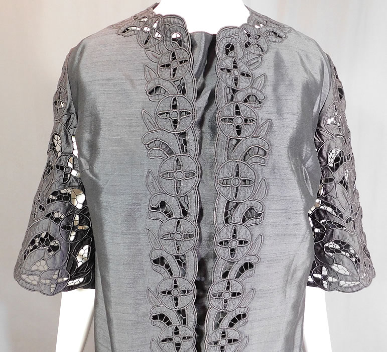 Vintage Diane Imports Hong Kong Black Silk Lace Cutwork Cocktail Dress & Coat
This lovely lace two piece cocktail outfit includes a sheath style short, sleeveless dress with a back zipper closure and is fully lined. 