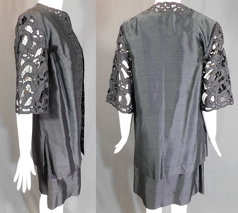 Vintage Diane Imports Hong Kong Black Silk Lace Cutwork Cocktail Dress & Coat
The dress measures 37 inches long, with a 38 inch bust, 32 inch waist and 38 inch hips. 