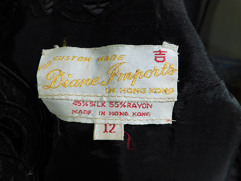 Vintage Diane Imports Hong Kong Black Silk Lace Cutwork Cocktail Dress & Coat
There is a "Custom Made For Diane Imports In Hong Kong" label size 12 tag sewn inside.