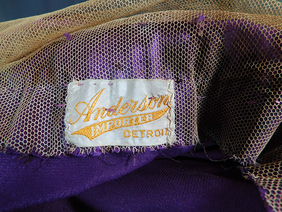 Vintage Art Deco Purple Silk Beaded Bell Sleeve Bias Cut Dress Evening Gown
There is a "Anderson Importer Detroit" label sewn inside the camisole top lining. 
