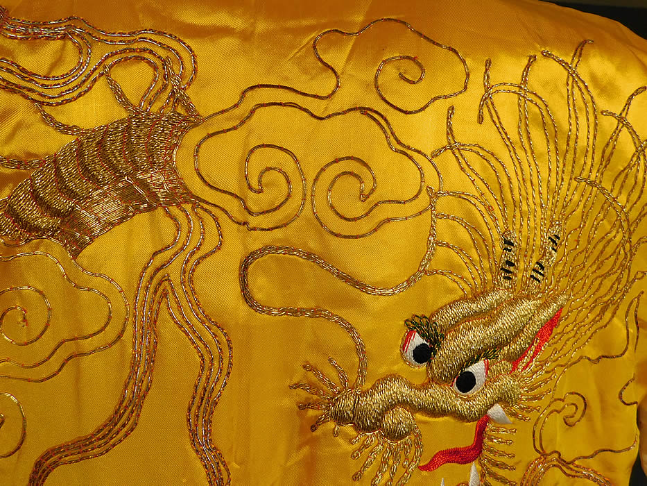 Vintage WWII Japanese Gold Couching Embroidery Dragon Yellow Kimono Robe
This is truly a wonderful piece of Japanese kimono wearable art! 