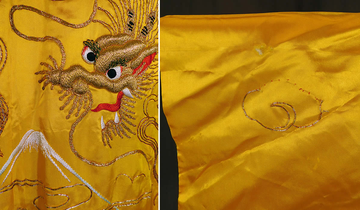 Vintage WWII Japanese Gold Couching Embroidery Dragon Yellow Kimono RobeIt is in good as-is condition with only a small frayed hole on one sleeve with some missing gold threads on the smoke cloud (see close-up). 