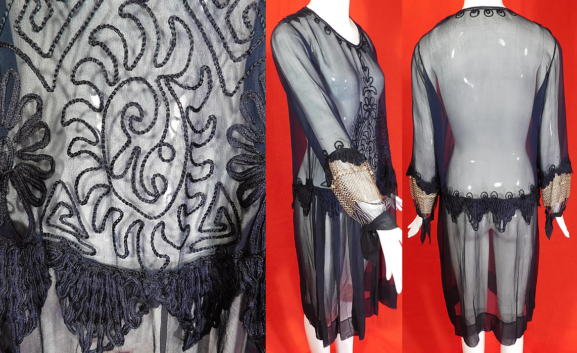 Vintage Art Deco Navy Blue Silk Chiffon Chain Stitch Embroidered Drop Waist Dress
This vintage navy blue silk chiffon chain stitch embroidered drop waist dress dates from the 1920s. It is made of a navy blue sheer silk chiffon fabric, with decorative chain stitch, soutache embroidery work details with ribbonwork scalloped trim edging around the waist and sleeve. 
