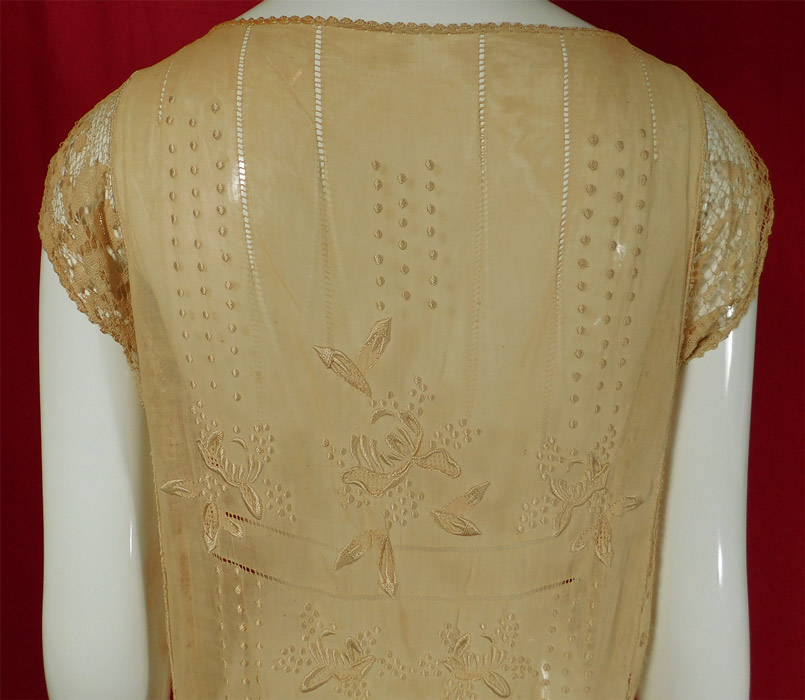 Vintage Embroidered Ecru Cream Cotton Filet Lace Chemise Shift Dress	
It is in good condition, but has not been cleaned. This is truly an exquisite piece of wearable art! 