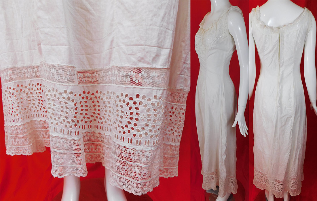 Victorian White Cotton Eyelet Cutwork Broderie Anglaise Lace Full Slip Dress
It is in good as-is condition with a few faint small stains and a small frayed hole on the lace trim bottom ruffle hemline. 