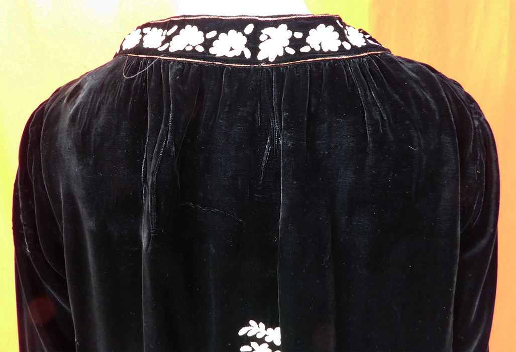 Vintage Black Velvet Pastel Chain Stitch Embroidered Flowers Drop Waist Dress
