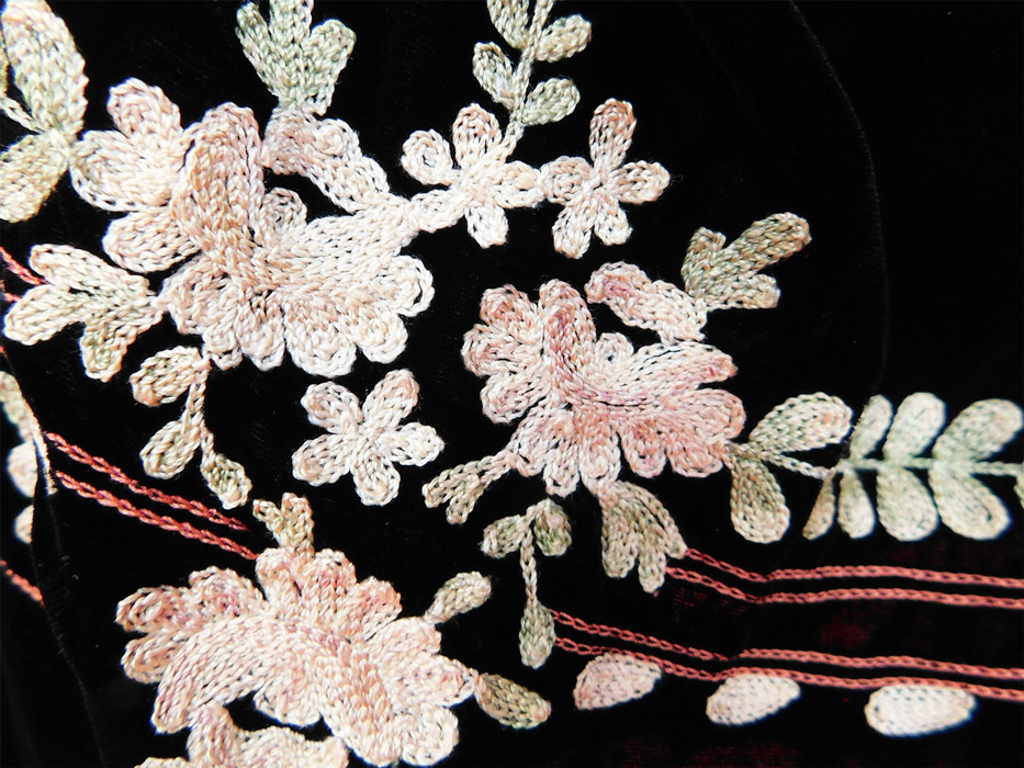 Vintage Black Velvet Pastel Chain Stitch Embroidered Flowers Drop Waist Dress
