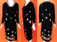 Vintage Black Velvet Pastel Chain Stitch Embroidered Flowers Drop Waist Dress
