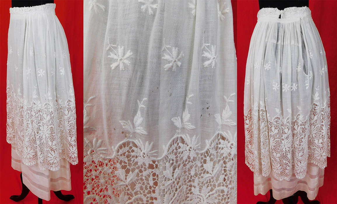 Edwardian Embroidered White Cotton Batiste Lace Layered Tea Length Skirt
It is in good as-is condition with several small frayed holes on the side (see close-up). This is truly a wonderful piece of wearable lace art! 