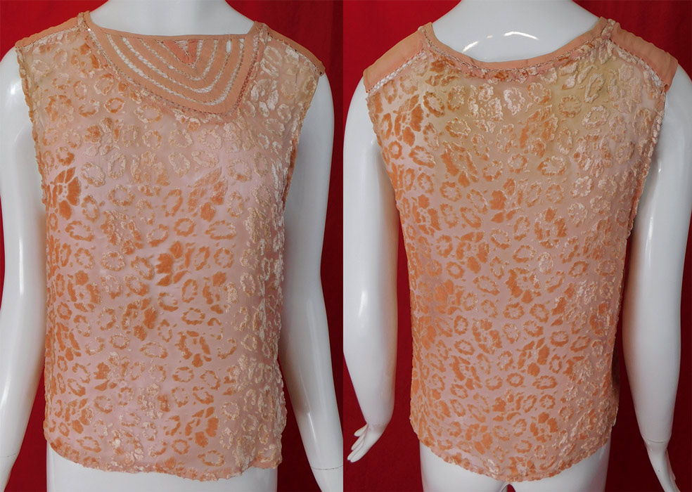 Vintage Art Deco Pink Silk Burnout Voided Velvet Devore Drawn Cutwork Blouse
This fabulous flapper blouse top is sleeveless, with an asymmetrical drawn cutwork front neckline, shoulder trim detail and is sheer, unlined. 