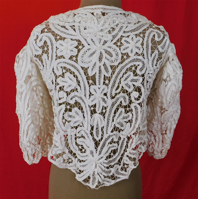 Victorian White Battenburg Tape Lace Short Crop Bodice Blouse Bolero Jacket
This is truly an exceptional, quality made piece of hand made antique lace wearable art! 