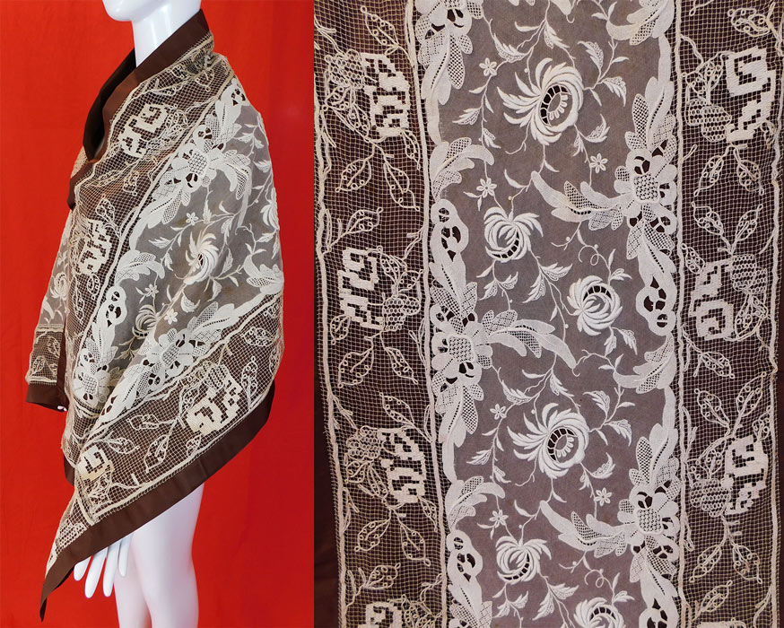 Vintage French Knot Embroidery Point de Venise Buratto Needle Lace Shawl
This lovely lace long shawl stole style wrap is lined and backed lined in a brown silk fabric with border trim edging and has no closures. 