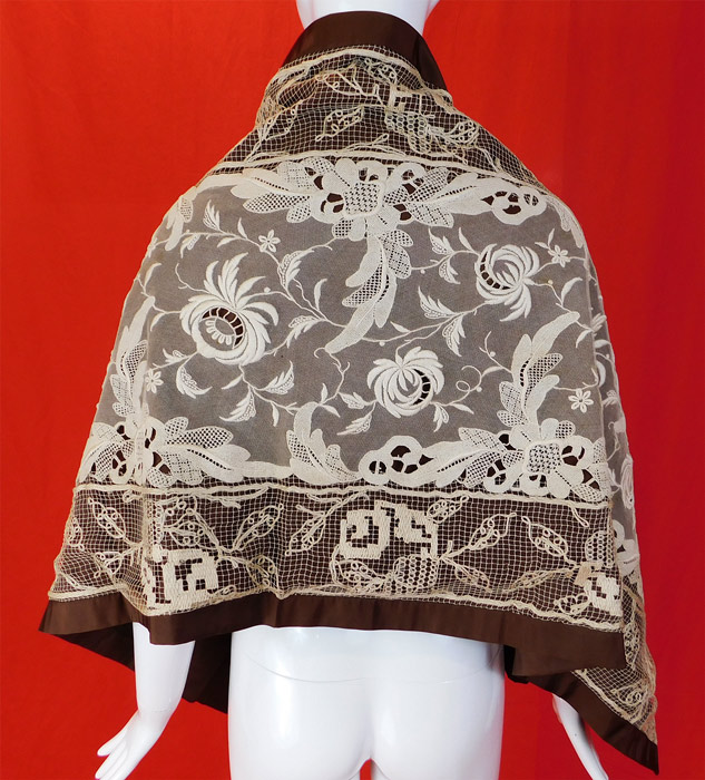 Vintage French Knot Embroidery Point de Venise Buratto Needle Lace Shawl
The shawl measures 65 inches long and 22 inches wide. It is in good condition, with only a few faint small age spot stains.