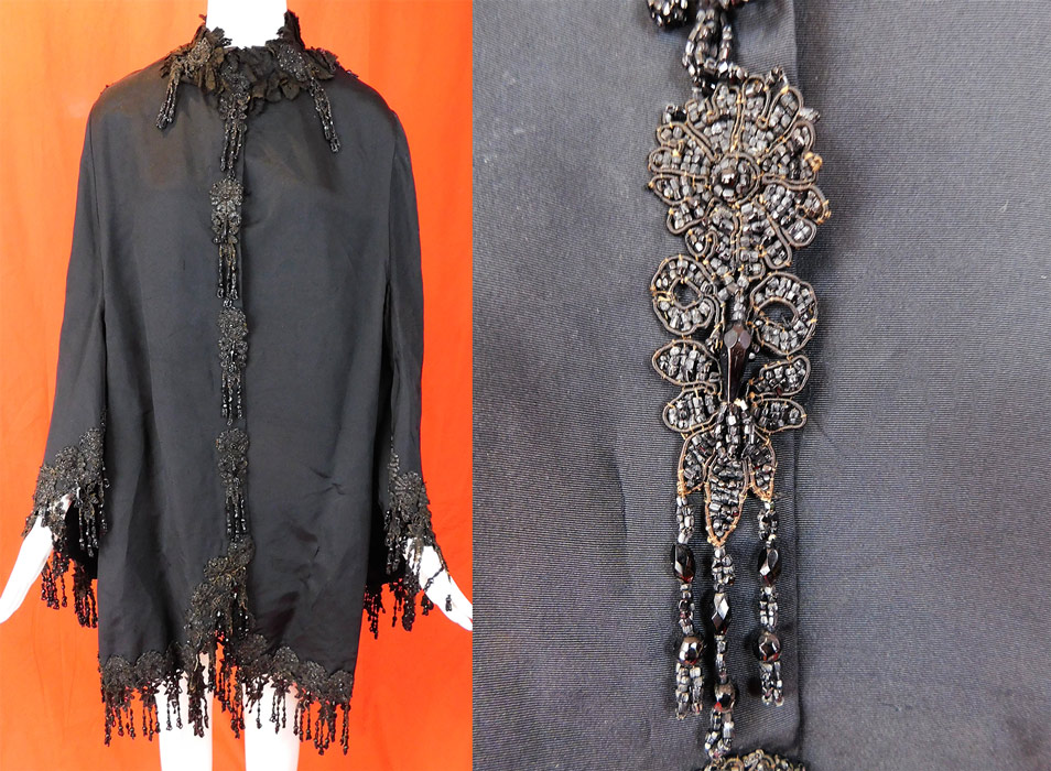 Victorian Black Silk Jet Beaded Fringe Tassel Trim Dolman Mantle Cloak Cape
This magnificent mourning mantle dolman style cloak cape has a black lace trim ruffle neck collar with beaded applique trim accents, set in sleeves with wide flared cuffs, silk covered buttons down the front for closure, an inside waistband strap and is fully lined in a black silk fabric.