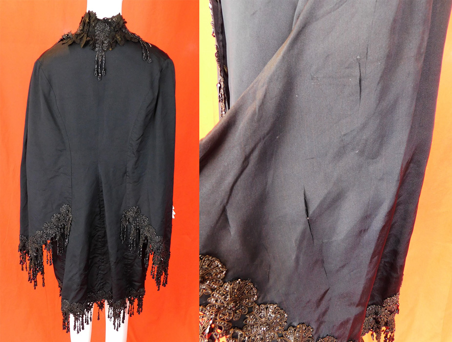 Victorian Black Silk Jet Beaded Fringe Tassel Trim Dolman Mantle Cloak Cape
It is in fair as-is condition, needing some restoration, with several small frays, splits scattered on the silk fabric, a small frayed hole on the shoulder, some discoloration fading on the black lace collar trim and some loose, missing beads (see close-ups). This is truly a wonderful piece of antique Victoriana wearable art! 