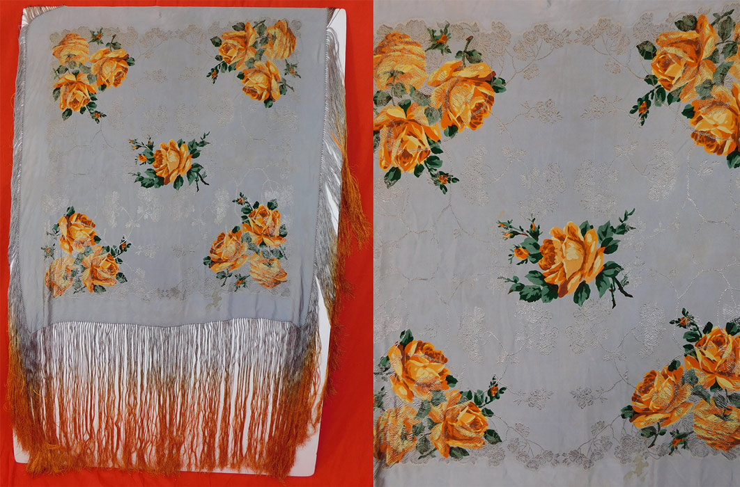 Vintage Art Deco Blue Silk Silver Lame Yellow Roses Ombre Fringe Flapper Piano Shawl
It is made of a luxurious grayish blue slate color silk lame fabric with a woven silver metallic thread floral vine leaf design and 5 large yellow rose flower bouquet print in each corner and center. 