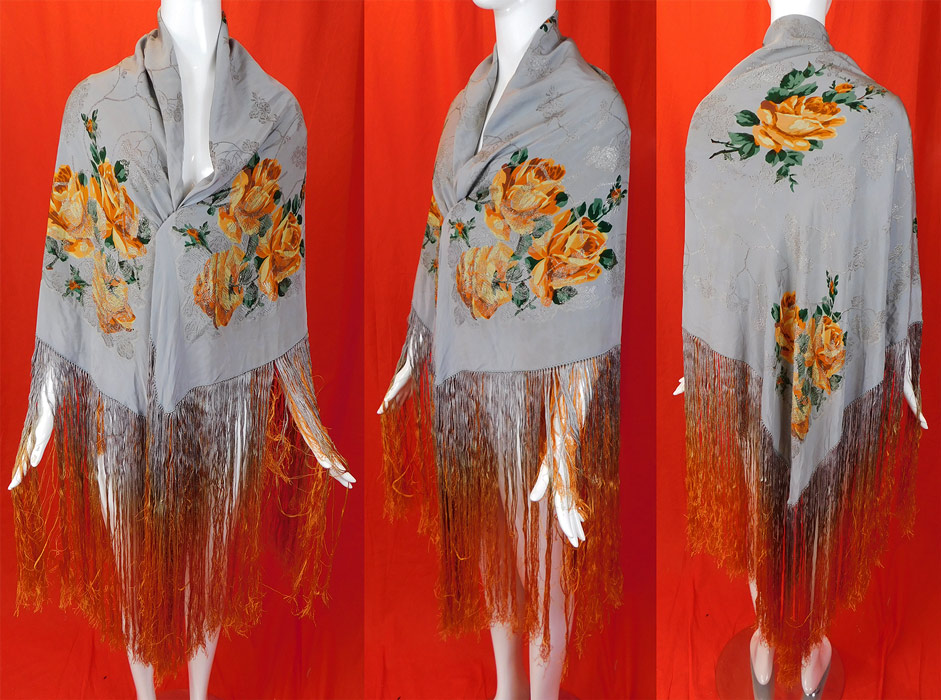 Vintage Art Deco Blue Silk Silver Lame Yellow Roses Ombre Fringe Flapper Piano Shawl
This fabulous flapper piano shawl has a 22 inch long blue, yellow ombre hand knotted silk fringe trim surrounding it and is reversible. 