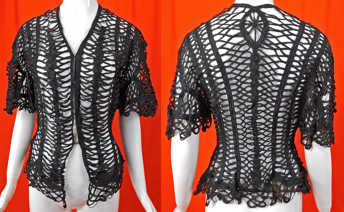 Victorian Black Silk Battenburg Braided Woven Tape Lace Latticework Jacket
This beautiful black Gothic lace jacket has a short hip length with a fitted tailored style, peplum skirted waist, short wide flared sleeves, hook closures on the front for closures and is sheer, unlined. 