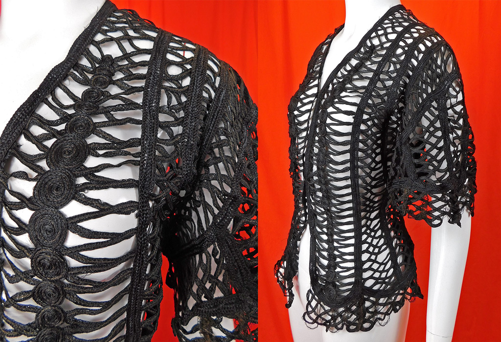 Victorian Black Silk Battenburg Braided Woven Tape Lace Latticework Jacket
This antique Victorian era black silk Battenburg braided woven tape lace latticework jacket dates from 1900.
