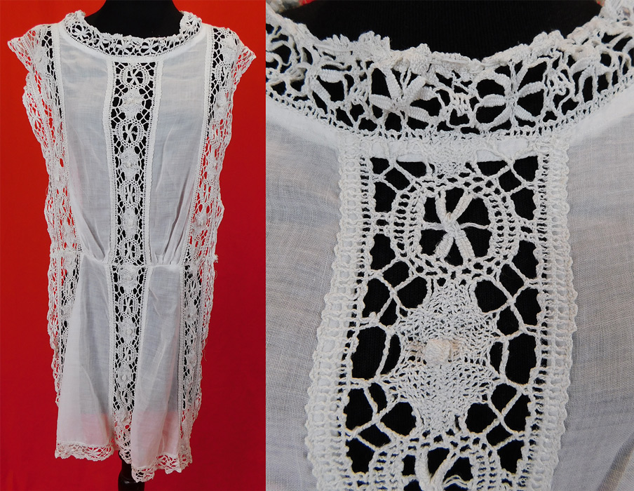 Edwardian White Cotton Batiste Cluny Torchon Bobbin Lace Tabard Tunic Top Dress
This lovely lace tunic tabard top style dress has a front and back matching lace panels, with open sides, loose fitting, sleeveless, back hook closures and is sheer because it is unlined worn as an overdress. 