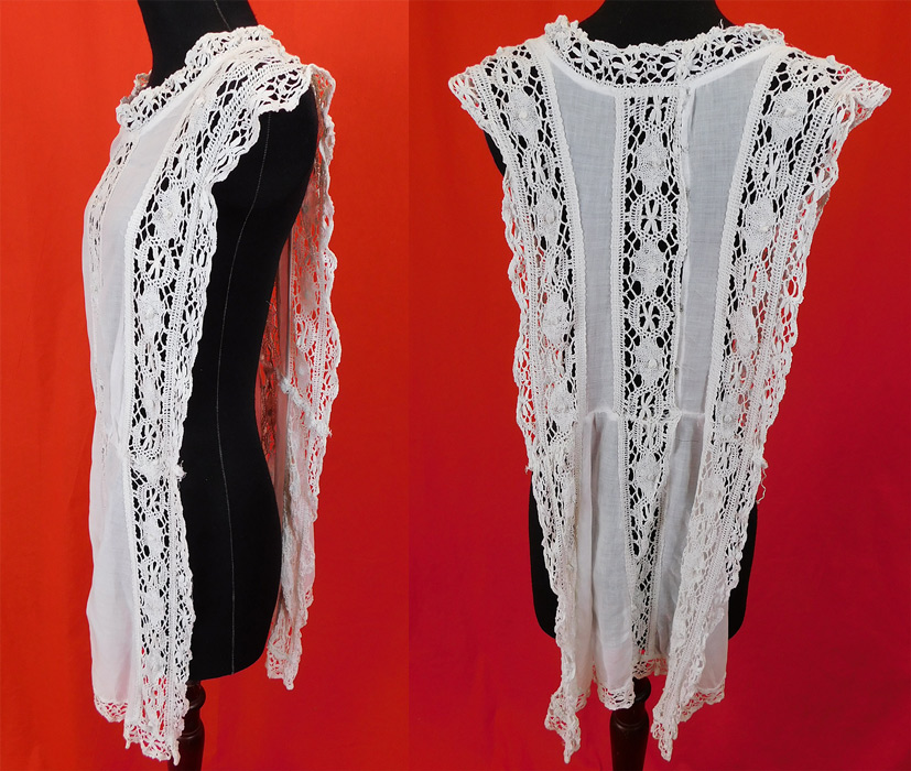 Edwardian White Cotton Batiste Cluny Torchon Bobbin Lace Tabard Tunic Top Dress
The dress measures 32 inches long and the panels are 14 inches wide. 