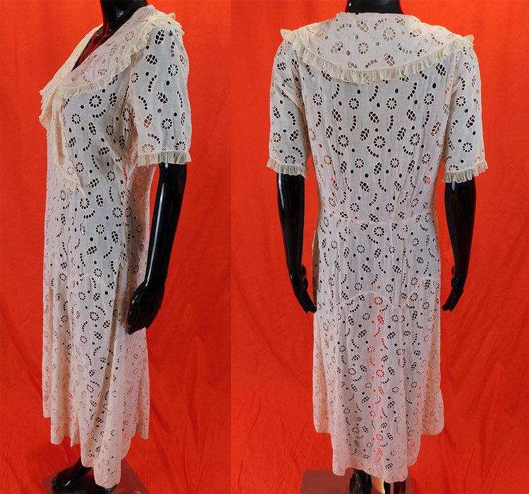 Vintage Pink Cotton Eyelet Circular Cutwork Polka Dot Shawl Collar Bias Cut Dress
This vintage pink cotton eyelet circular cutwork polka dot shawl collar bias cut dress dates from the 1930s. It is made of a pale blush pink color cotton fabric with eyelet cut work creating a circular flower, leaf, polka dot pattern design. 
