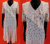 Vintage Pink Cotton Eyelet Circular Cutwork Polka Dot Shawl Collar Bias Cut Dress
