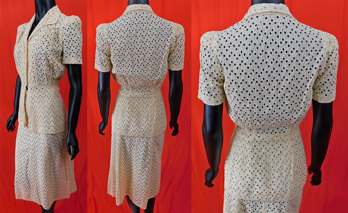 Vintage Blush Pink Eyelet Cutwork Cotton Peplum Blouse Swing Skirt Suit Dress
This stunning two piece separates suit dress outfit includes a long peplum skirted blouse with a fold over lapel collar, gathered shoulders with slight padding, short sleeves, snap closures down the front and is sheer, unlined. The top measures 24 inches long, with a 36 inch bust, 24 inch waist and 13 inch back. There is a matching fabric swing style skirt with a fitted waistband, side zipper closure and is sheer, unlined. 