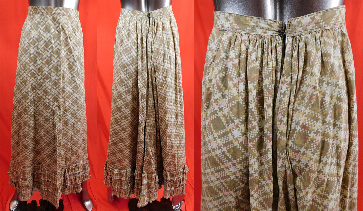 Victorian Prairie Girl Brown Houndstooth Check Print Cotton Petticoat Skirt
This antique Victorian era prairie girl brown houndstooth check print cotton petticoat skirt dates from 1900. It is made of a light brown, pastel pink, yellow color cotton fabric with a houndstooth check print pattern design. This pretty prairie girl petticoat skirt has a long full floor length style with layered ruffles trimming the bottom, pleated gathers around the fitted waistband with a hook closure on back and is unlined